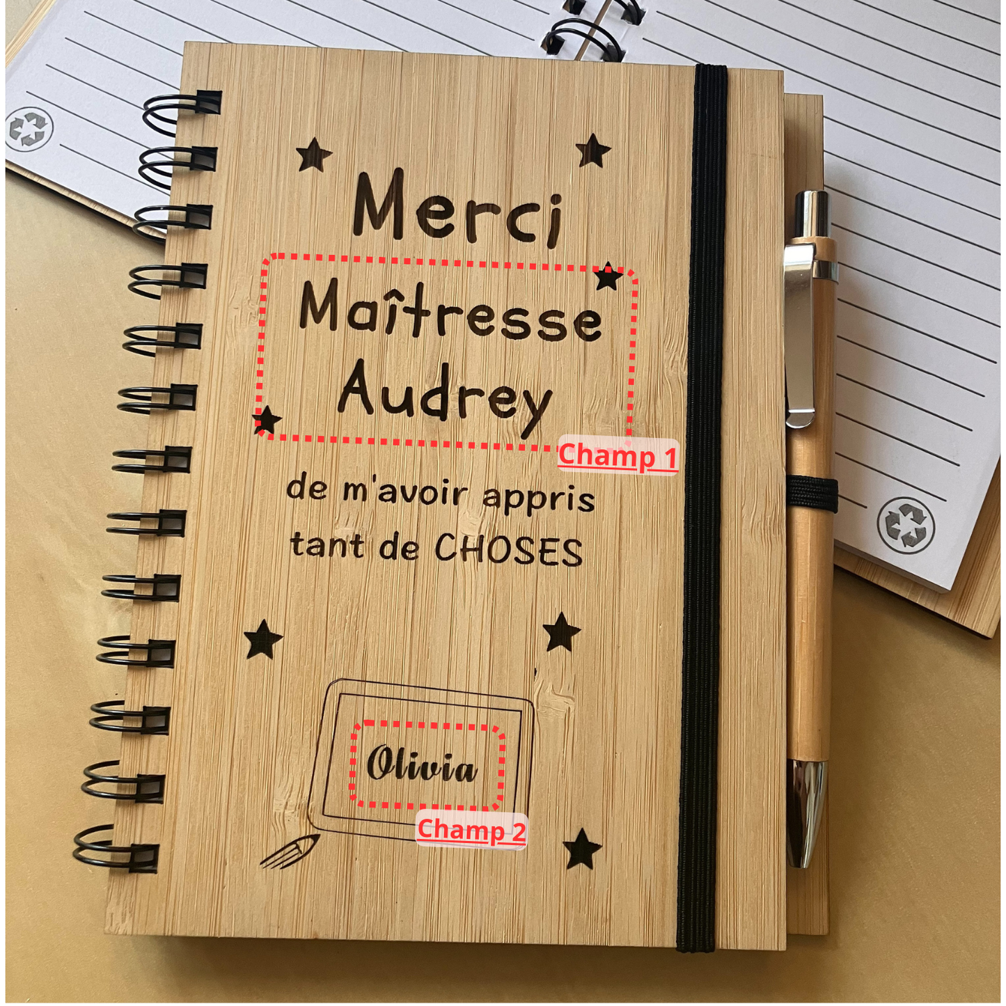 📒 Cahier en bambou – Merci ... de m’avoir appris tant de CHOSES.