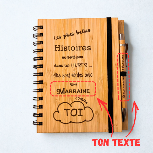 Cahier et stylo gravés : “Les plus belles histoires ne sont pas dans les livres. Elles sont écrites avec un(e) ___ comme toi !”