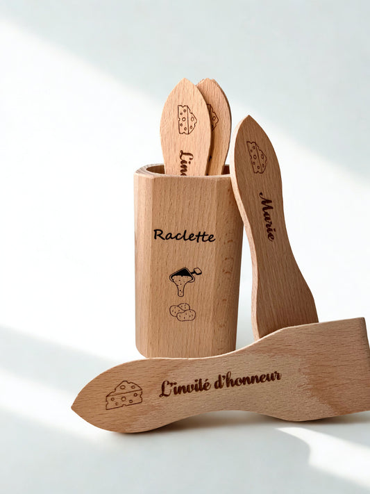 🧀 Set raclette : 6 spatules personnalisées avec support en bois gravé