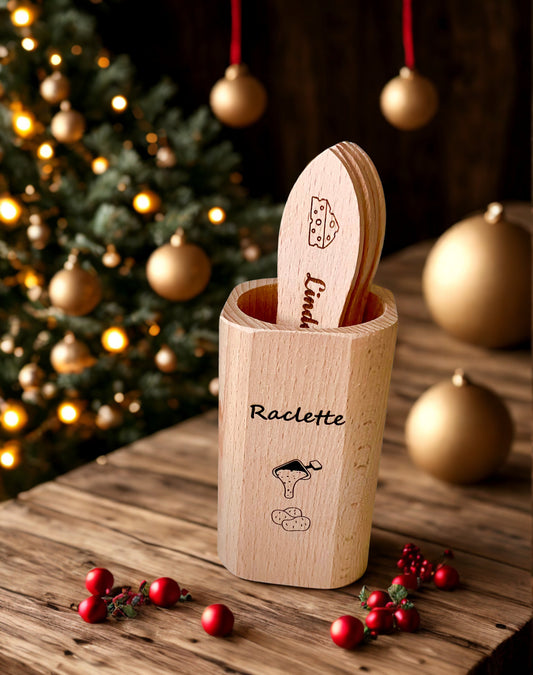🧀 Set raclette : 6 spatules personnalisées avec support en bois gravé
